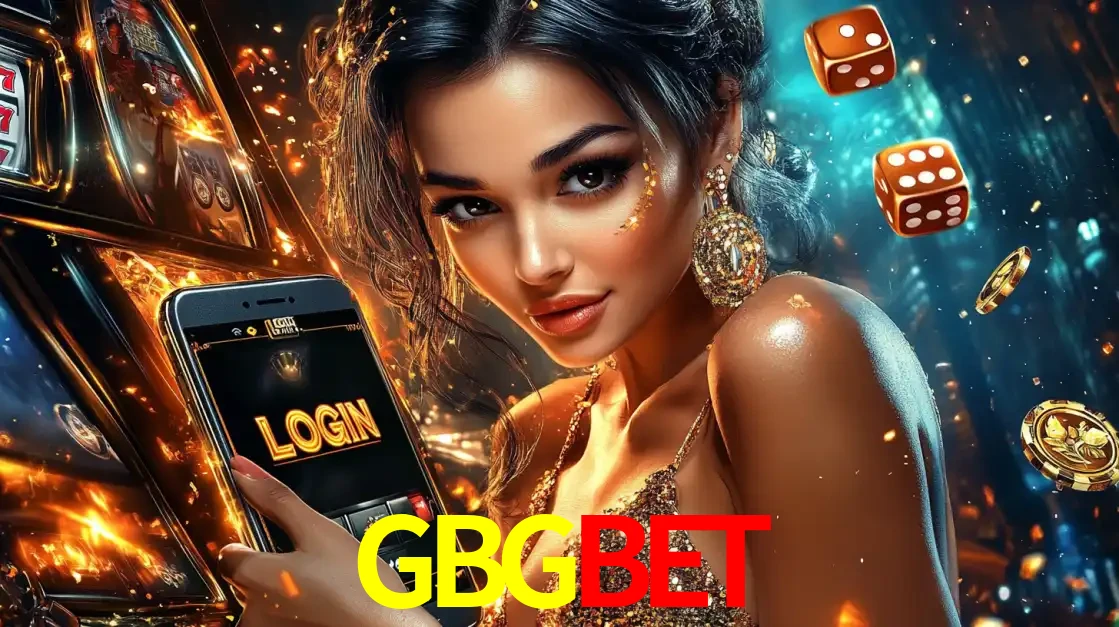 Mulher glamourosa segurando um celular com a tela de login do cassino GBGBET, rodeada por dados e moedas douradas, pronta para começar a diversão.