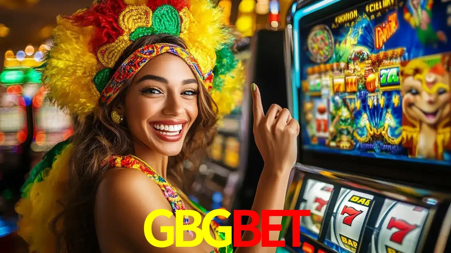 Mulher animada com um cocar de carnaval apontando para uma máquina de caça-níqueis, mostrando a emoção de ganhar um grande prêmio nos jogos do GBGBET.