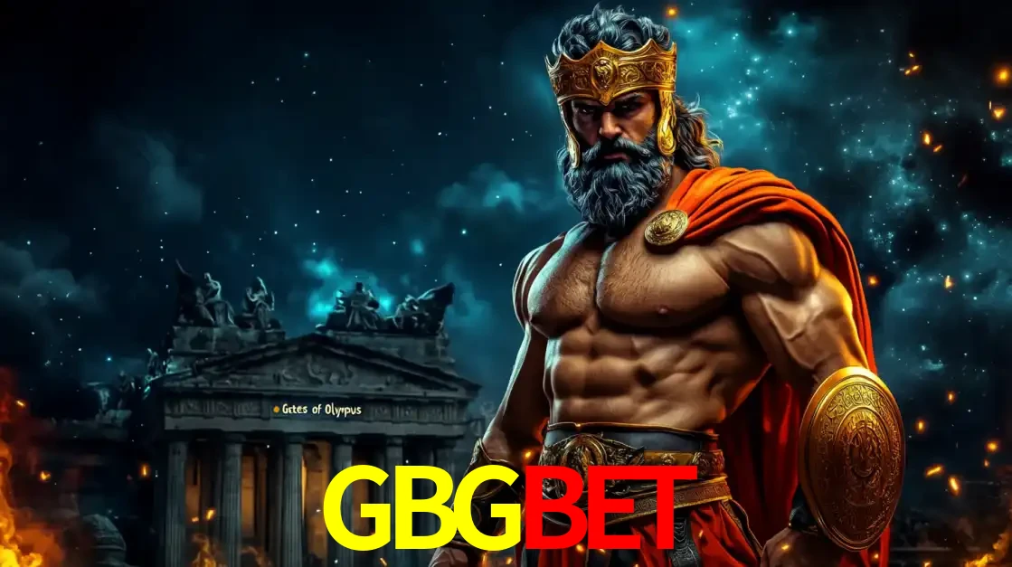 O poderoso Zeus do jogo de slot Gates of Olympus em frente ao seu templo, pronto para lançar multiplicadores divinos e prêmios épicos no cassino online GBGBET.