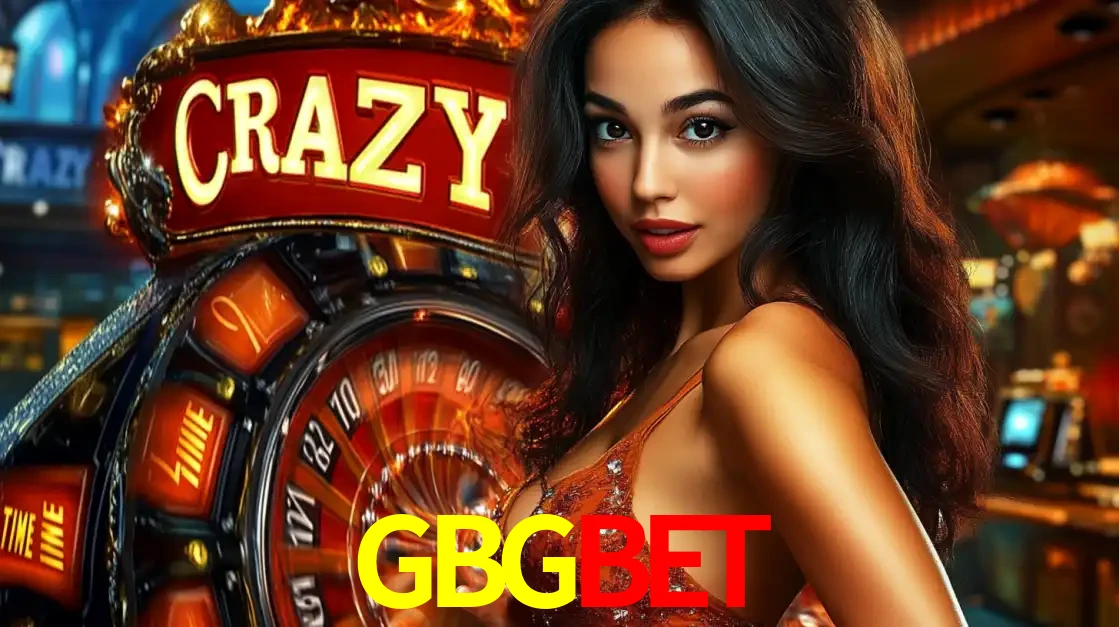 Mulher glamourosa olhando para a câmera com a roda vermelha do Crazy Time ao fundo em um ambiente de cassino, destacando a emoção dos jogos ao vivo no GBGBET.