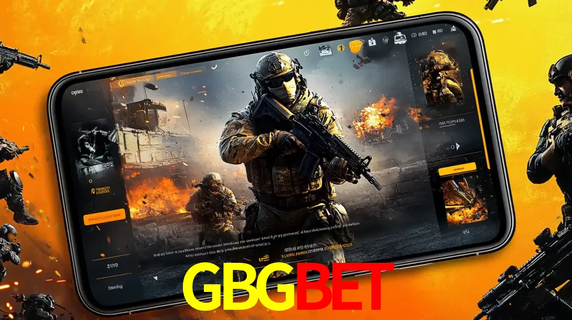 Um smartphone exibindo a interface de um jogo de tiro em primeira pessoa, com um soldado em um cenário de batalha, representando a ação dos e-sports para apostar no GBGBET.