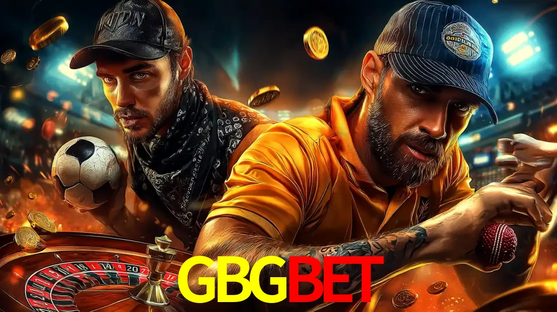 Montagem de apostas esportivas e cassino no GBGBET, com um homem segurando uma bola de futebol e outro uma de beisebol sobre uma roleta e moedas voadoras.