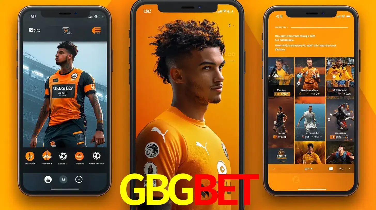 Interface do aplicativo de apostas esportivas GBGBET em três telas de celular, mostrando o perfil de um jogador de futebol e a lista de jogos disponíveis para apostar.