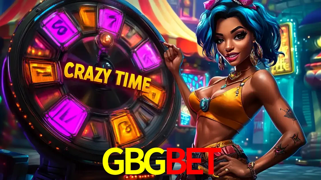Mulher estilizada com cabelo azul e visual vibrante posando ao lado da roda de prêmios do game show Crazy Time, convidando para a diversão e os bônus do cassino GBGBET.