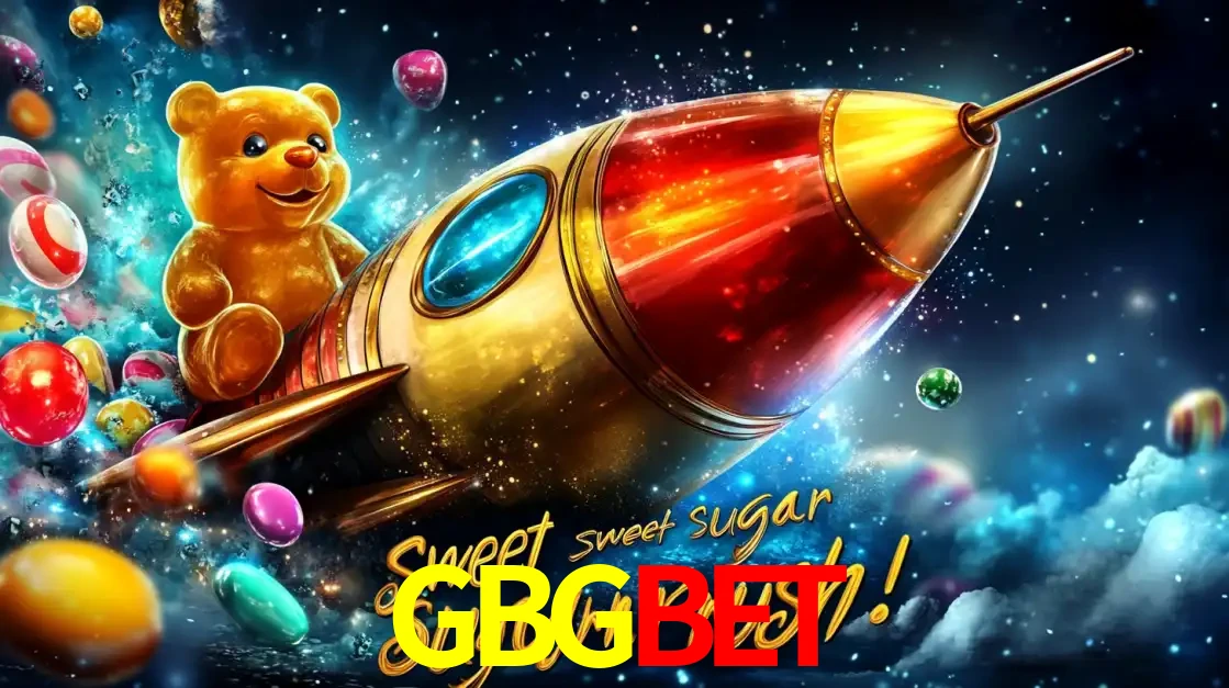 Arte promocional do jogo de slot Sugar Rush, com um urso de pelúcia em um foguete viajando pelo espaço de doces, um dos jogos divertidos disponíveis no cassino GBGBET.