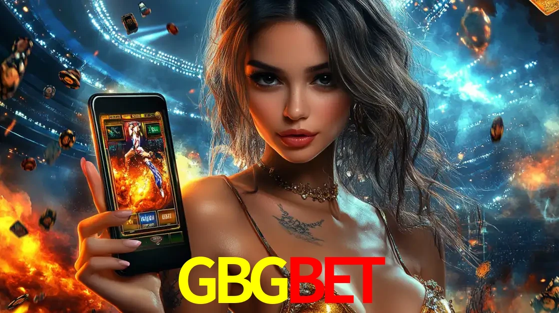 Mulher segurando um celular com um jogo de slot em destaque, tendo como fundo um estádio vibrante, simbolizando a emoção de jogar no cassino móvel GBGBET.
