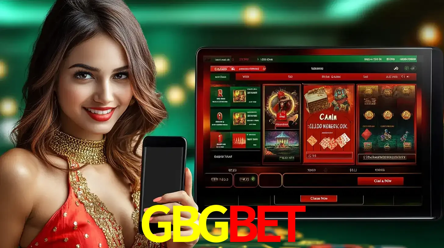 Mulher sorridente segurando um smartphone, ao lado de uma tela exibindo o lobby de jogos do cassino online GBGBET, com várias opções de jogos de cartas e slots.